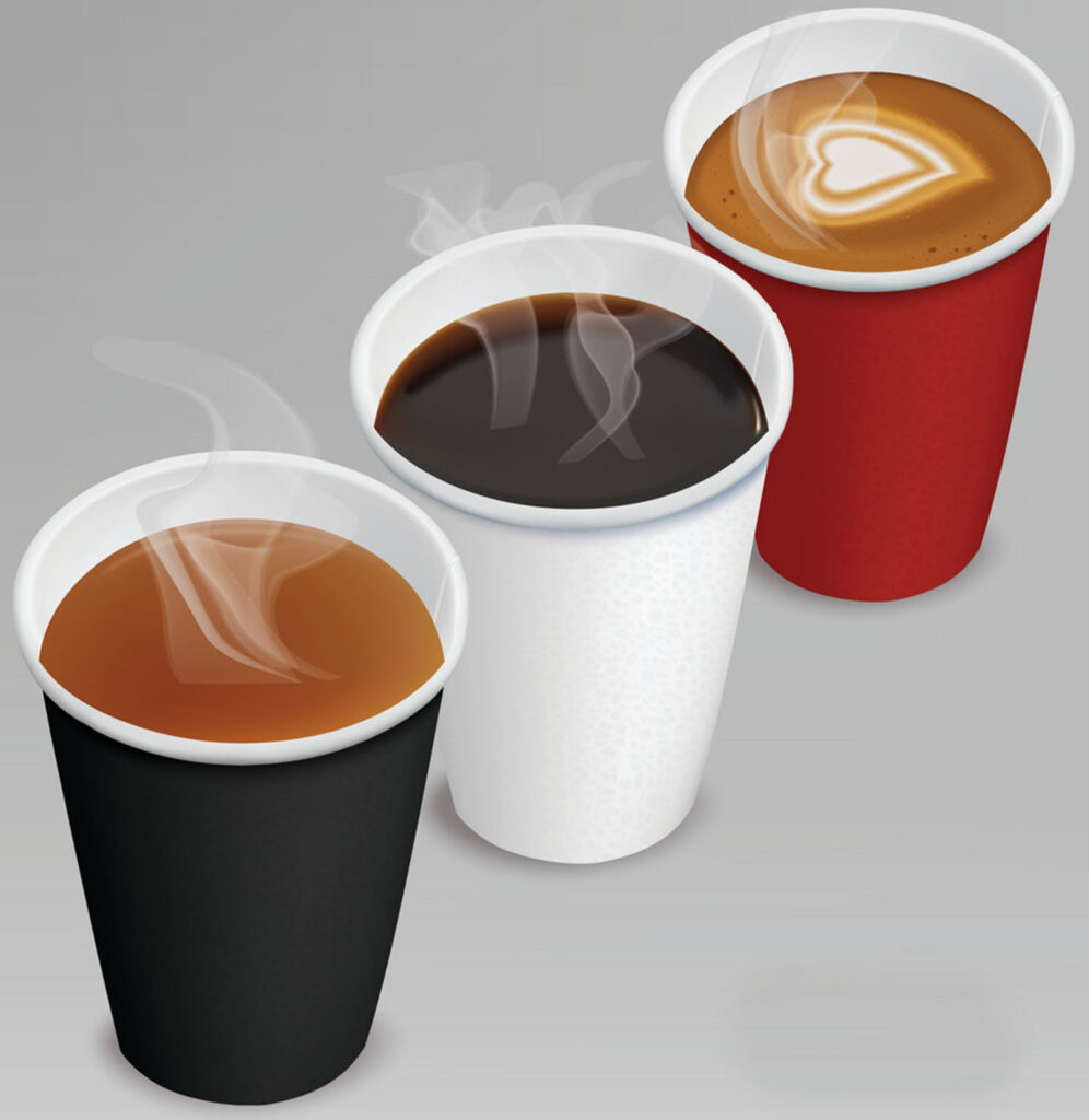 Café en leche, tinto, agua aromática